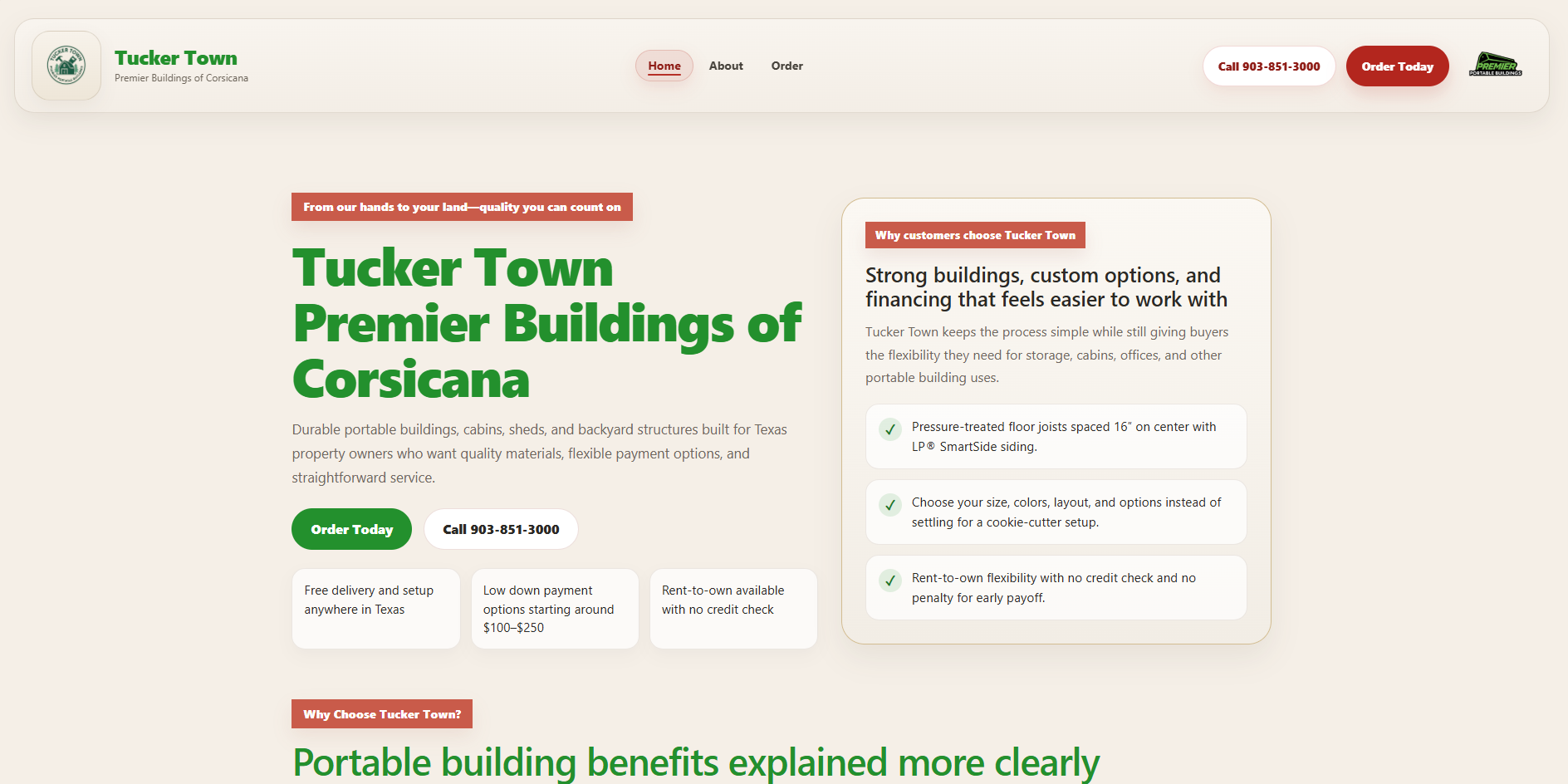 Screenshot of the Tuckertown Buildings website built through Sanctus Marketing