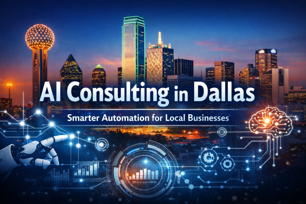 AI consulting in Dallas thumbnail showing a modern Dallas skyline with digital automation visuals and text promoting smarter automation for local businesses.