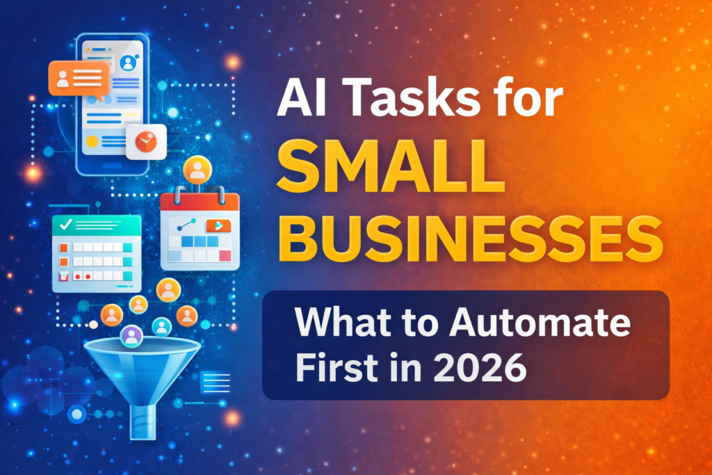 AI tasks for small businesses thumbnail showing automated scheduling, lead intake, workflow tools, and business process automation in 2026