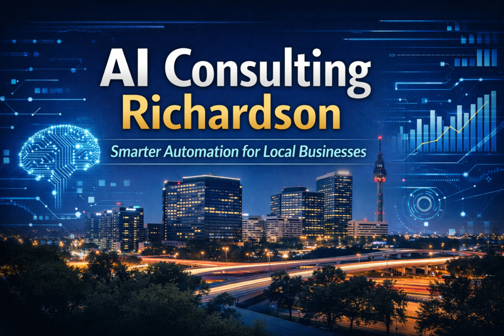 AI consulting Richardson graphic featuring a digital skyline, automation visuals, and text promoting smarter AI automation for local businesses.