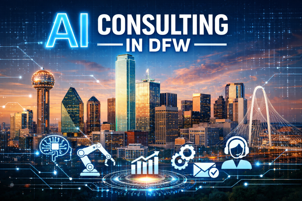 AI consulting in DFW thumbnail showing the Dallas skyline with digital technology overlays, automation icons, and bold text about AI consulting for local businesses.