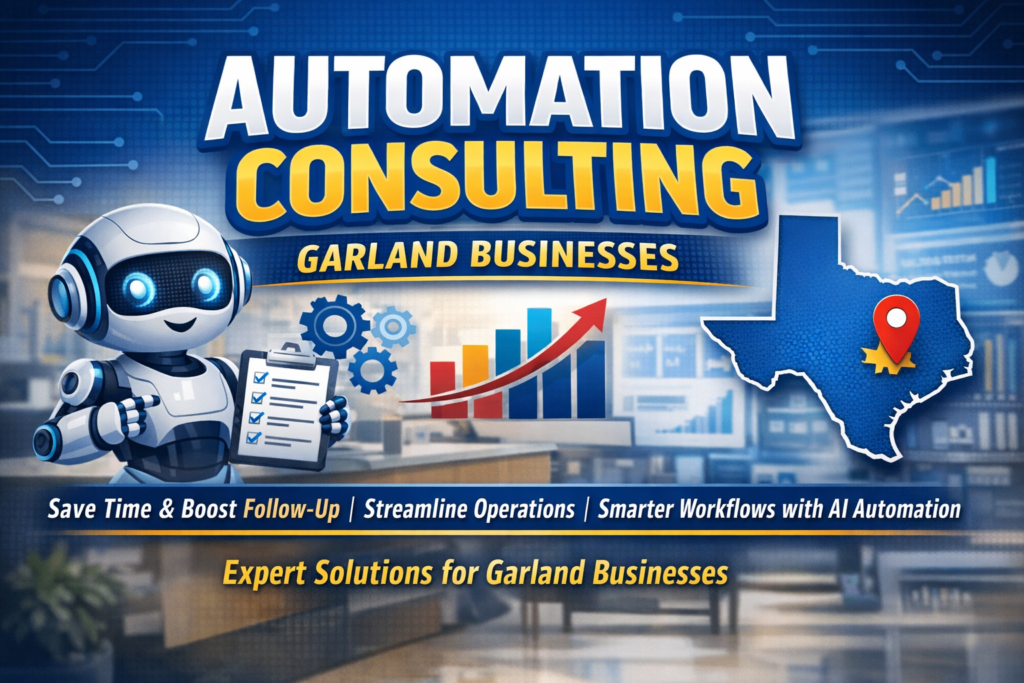 Thumbnail for a blog about automation consulting for Garland businesses, featuring a friendly robot with a clipboard, bold blue and gold text, a Texas map with Garland marked, business charts, and messaging about saving time, improving follow-up, and streamlining operations with AI automation.
