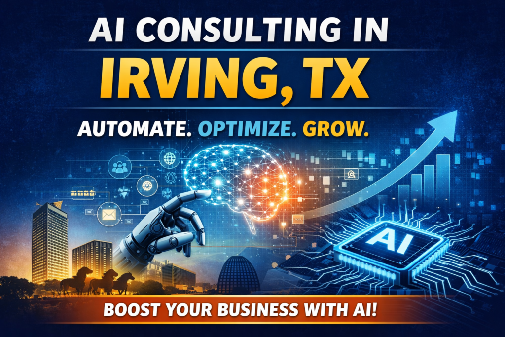 Thumbnail showing a futuristic AI consulting graphic for Irving, Texas, with bold text reading AI Consulting in Irving” a glowing digital brain, robotic hand, upward growth arrow, city skyline, and AI microchip imagery to represent business automation, efficiency, and growth.
