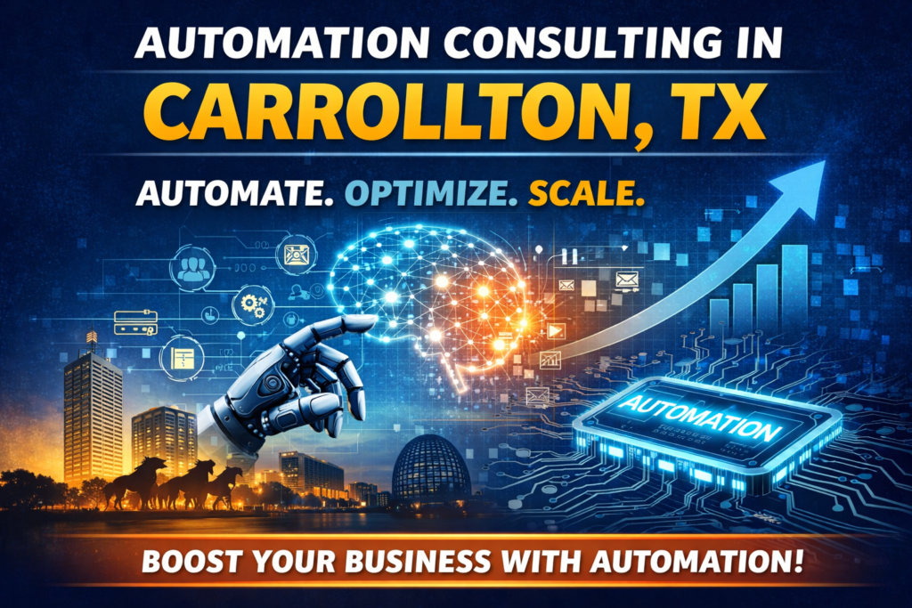 Thumbnail showing Automation Consulting in Carrollton with a futuristic design featuring a robotic hand, glowing digital brain, automation icons, rising growth arrow, city skyline, and circuit board labeled “Automation,” representing business efficiency and scaling through automation.