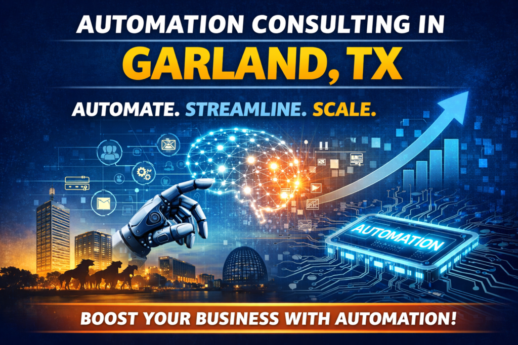 Thumbnail showing automation consulting in Garland Texas, with futuristic business automation imagery such as digital workflow icons, a robotic hand, a glowing tech interface, growth graphics, and Garland-themed city visuals representing efficiency and business scaling.