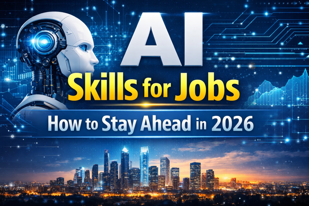 Thumbnail for a blog titled “AI Skills for Jobs: How to Stay Ahead in 2026” featuring a futuristic humanoid robot, digital circuit background, and a modern city skyline at dusk.
